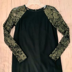 Tibi sheath dress with gold lace sleeves